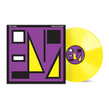 Vinyl record with a yellow disc and purple cover on a white background