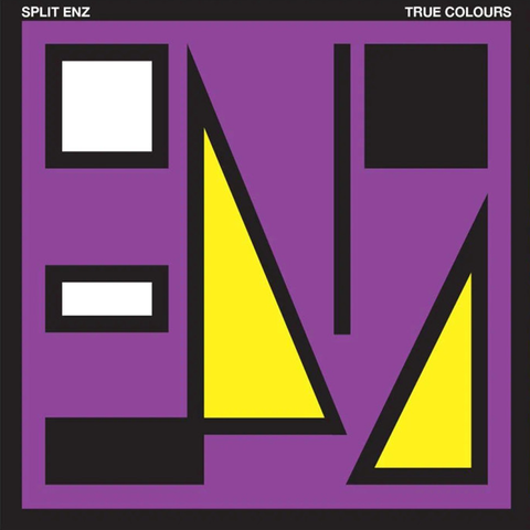 Album cover with geometric shapes on a purple background, featuring the text 'SPLIT ENZ' and 'TRUE COLOURS'.