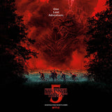 Album Cover for Season 5 ’Stranger Things' Soundtrack with a red sky and silhouette of Vecna, featuring the text 'One Last Adventure.'.