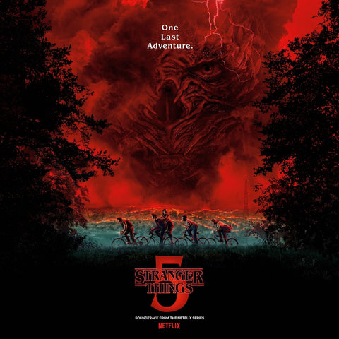 Album Cover for Season 5 ’Stranger Things' Soundtrack with a red sky and silhouette of Vecna, featuring the text 'One Last Adventure.'.