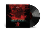 Album Cover for Season 5 ’Stranger Things' Soundtrack with a red sky and silhouette of Vecna, featuring the text 'One Last Adventure.' with vinyl out the sleeve