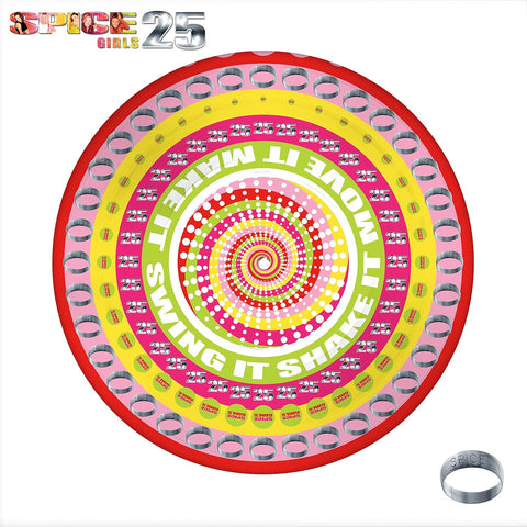 Colourful album cover with spiral design zoetrope vinyl and text, featuring the Spice Girls logo.