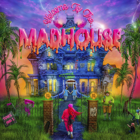 Colourful illustration of a haunted house labeled 'Madhouse' with a person in a pink outfit walking towards it.