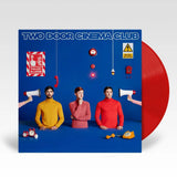Vinyl record cover for Two Door Cinema Club with three people and various objects on a blue background with red vinyl out the sleeve