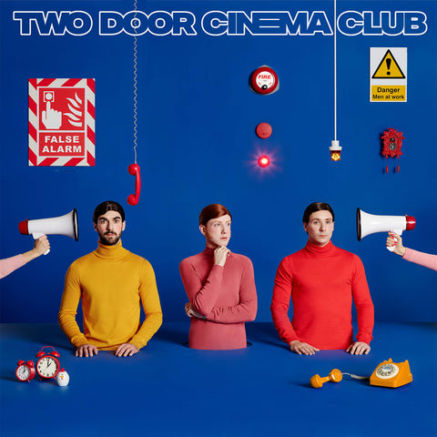 Album cover for 'Two Door Cinema Club' with three people in colorful sweaters against a blue background.