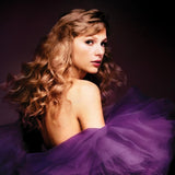 Taylor Swift in a purple dress against a maroon background