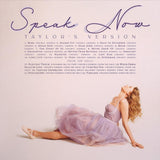 Taylor Swift sitting down with track listing in a purple text