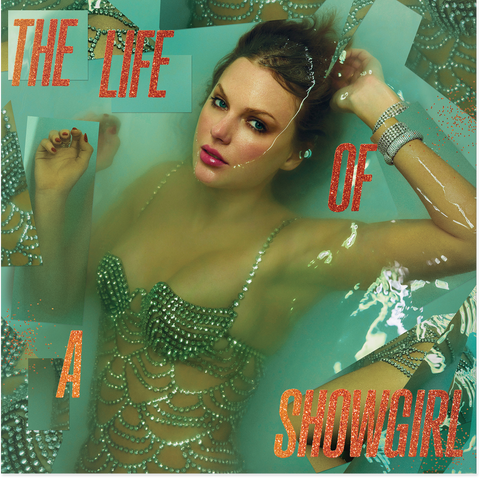 Album title in a orange glitter text with Taylor swift in a showgirl outfit submerged in water