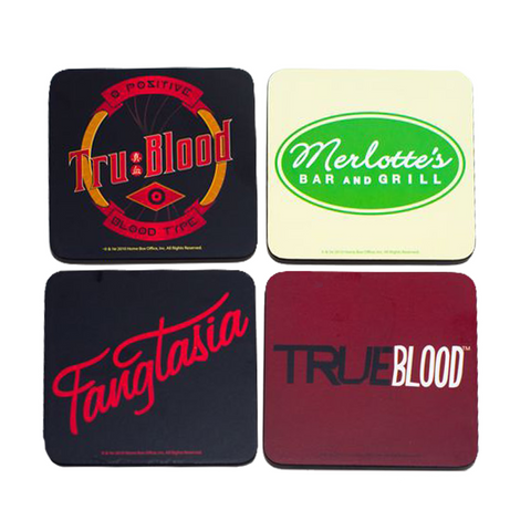 True Blood Tv Show logos from season 1 on a set of 4 coasters