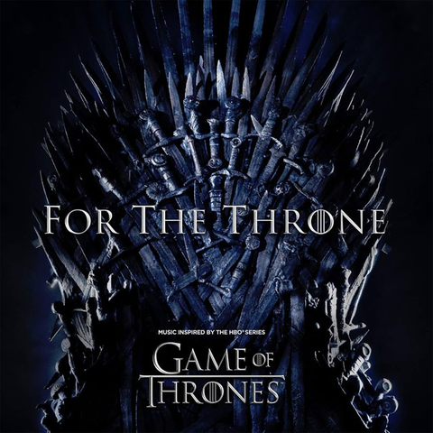 Official Game of Thrones music cover art for 'For The Throne', featuring a large metallic throne made of swords against a dark background, with the title text in white.