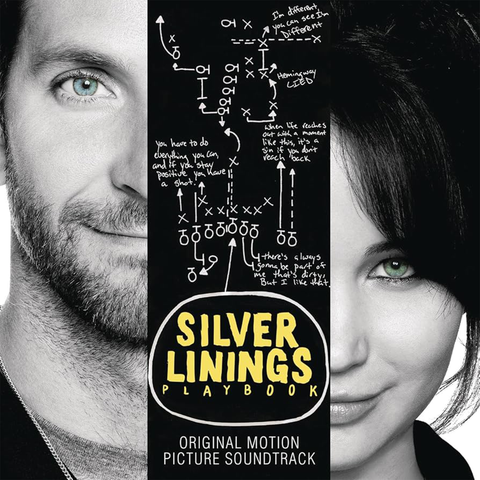 Album cover art for the 'Silver Linings Playlist' original motion picture soundtrack, featuring a split black-and-white portrait of a man and woman flanking a central black panel with white tactical playstyle diagrams and yellow title text.