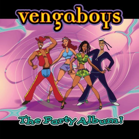 Album cover for 'The Party Album!' by Vengaboys with four characters dancing on a pink background.
