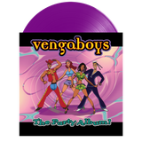 Vinyl record with 'vengaboys' cover featuring four animated characters on a pink background. With Purple vinyl showing from sleeve