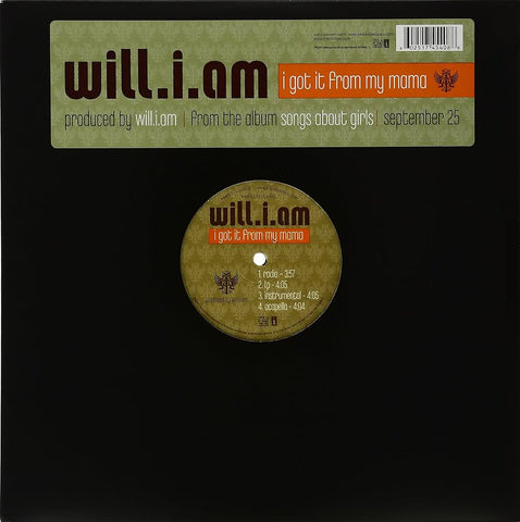 Plain Black Album Cover with Single Sticker “will.i.am i got it from my mama