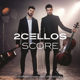 2CELLOS Score album cover featuring Luka Šulić and Stjepan Hauser with cellos in a dramatic orchestral setting