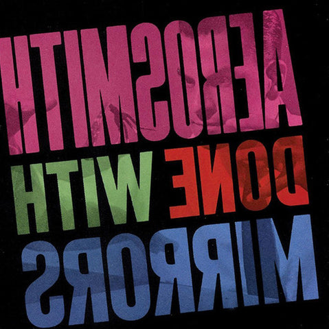 Aerosmith Done With Mirrors album cover featuring mirrored text design and band imagery
