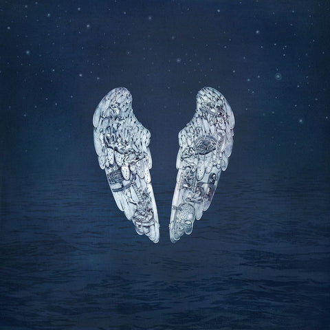 Coldplay Ghost Stories vinyl LP album cover featuring white angel wings floating over a dark ocean with blue atmospheric artwork.