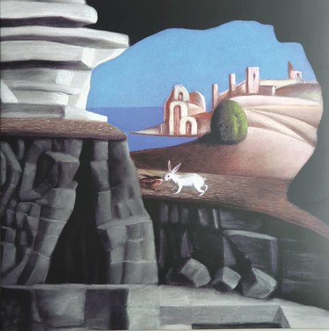 Album cover art for Crowded House a rabbit in the foreground, and a scenic background with buildings and a blue sky.