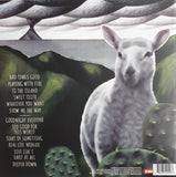 Crowded House back cover with track listing a sheep in the foreground, scenic background and a cloudy sky
