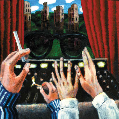 Crowded House Afterglow vinyl LP album cover featuring painted hands and buildings on the hill