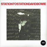 David Bowie Station To Station Red Writing on White background with a black and white image of Bowie