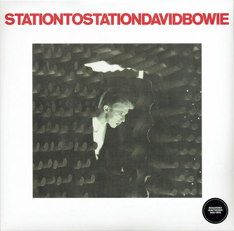 David Bowie Station To Station Red Writing on White background with a black and white image of Bowie