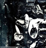 Black and white back cover featuring historian models and instruments