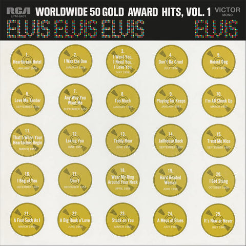 An album cover featuring 50 gold record award seals with the text 'WORLDWIDE 50 GOLD AWARD HITS, VOL. 1' and the ELVIS PRESLEY branding.