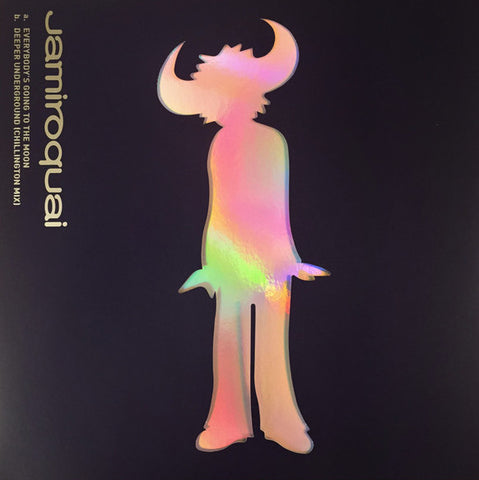 Album cover art featuring a silhouette of a figure with horns, predominantly in pink and black colors, with the text 'JAMIROQUAI' and 'EVERYBODY'S GOING TO THE MOON'.