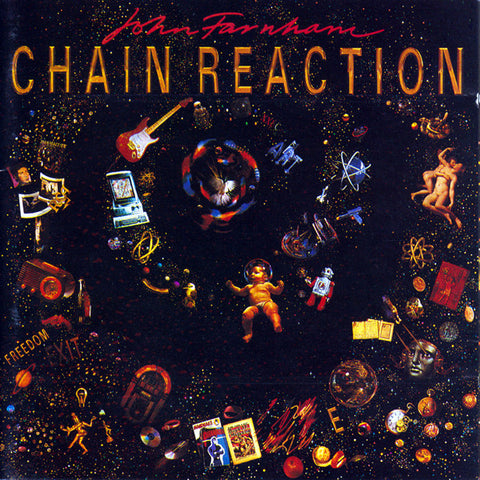 Album cover for John Farnham's 'Chain Reaction' featuring a collage of various images including musical instruments, people, and scientific equipment.
