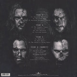 Image of Band members faces in half skull form with track listing down the middle