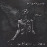 Cover art for KATAKLYSM album 'Of Ghosts and Gods' featuring a black and white image of a figure with wings and a skull face.