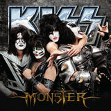 Cover art for KISS album 'Monster' featuring members of the band in costume and makeup, posing together.