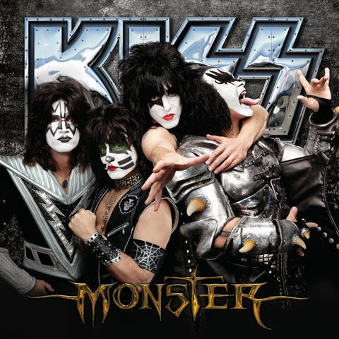 Cover art for KISS album 'Monster' featuring members of the band in costume and makeup, posing together.