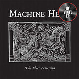 Cover art for MACHINE HEAD's 'The Black Procession' featuring a black and white illustration with the band's name and the title, indicating a 10-inch vinyl release.