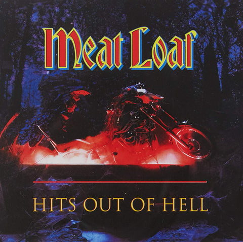 The cover of the 'Meat Loaf - Hits Out of Hell' album features a red tinted image of Meat Loaf on a motorcycle with a hellish backdrop.