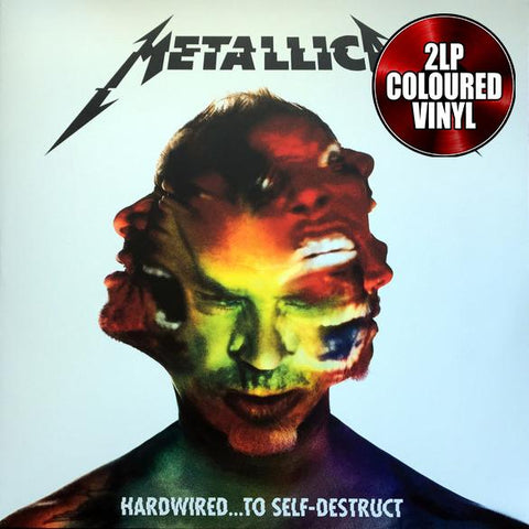 Cover art for Metallica's album 'Hardwired...to Self-Destruct' featuring a red translucent marbled vinyl label.