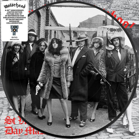 A black and white image of a record cover featuring a group of people dressed in vintage clothing, with a man holding a guitar and the text 'MOTORHEAD' and 'St Valentine's Day Massacre' visible.