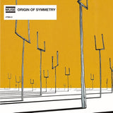 Cover art for MUSE's album 'ORIGIN OF SYMMETRY' featuring a gatefold design with metallic structures against a yellow background.