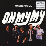 Cover art for ONEREPUBLIC's album 'OH MY MY' featuring a group of members in a band setting with the album title prominently displayed.