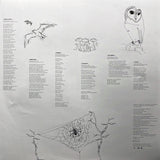 Album inserts with lyrics and penciled drawings of a bird, Owl, Mushrooms and a Spider in a web