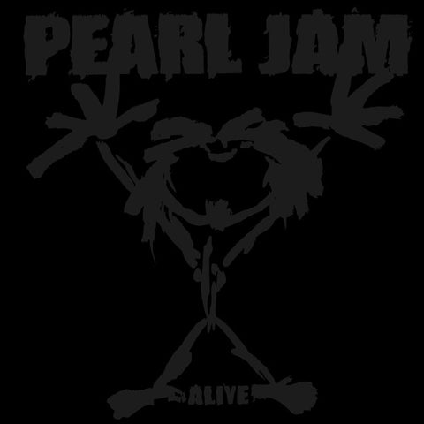 Pearl Jam band logo with the text 'PEARL JAM' and the word 'ALIVE' prominently displayed in a stylized font, accompanied by a graphic of a person with raised arms.