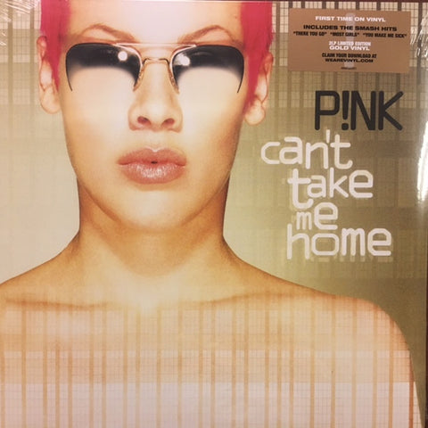 This image features the album cover of "P!NK - CAN'T TAKE ME HOME," which is styled in a striking and evocative visual. The artist, P!NK, is portrayed with a intense gaze and wearing sunglasses that add a layer of mystery and allure.