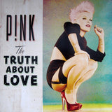 This image features the album cover for P!NK’s album "The Truth About Love." The cover is vibrant and colourful, with P!NK depicted in a bold pose against a textured, gridded background.