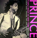 Cover art for 'PRINCE - PURPLE REIGN IN NEW YORK VOL. 2' featuring a black and white photo of Prince with a purple text overlay and vinyl details.