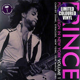 The cover image shows a black and white photograph of Prince with a purple filter, playing an electric guitar on stage. The text on the image indicates the title 'Purple Reign in New York Volume 1', the location ' Carrier Dome, Syracuse, New York', the date '30th March 1985', and the label 'Parachute Recording Company'.