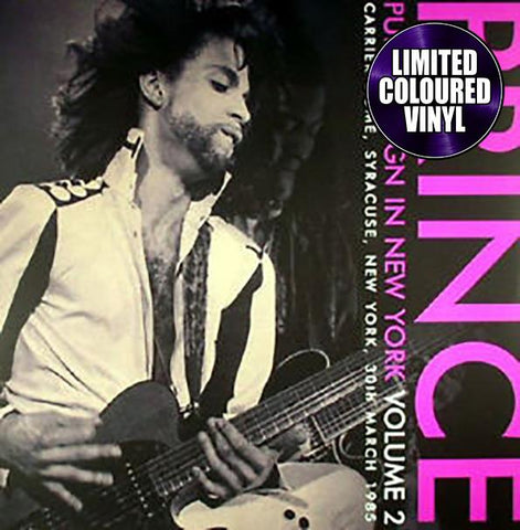Cover art for 'PRINCE - PURPLE REIGN IN NEW YORK VOL. 2' featuring a black and white photo of Prince with a purple text overlay and vinyl details.