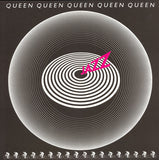 Album cover for Queen's 'Jazz' featuring a spiral graphic design with the band's name repeated around the spiral.