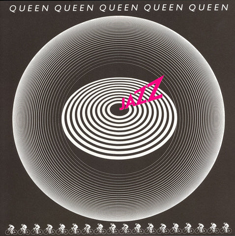 Album cover for Queen's 'Jazz' featuring a spiral graphic design with the band's name repeated around the spiral.