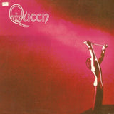 The cover artwork for the Queen album 'Queen' featuring a red background with the band's name and an image of Freddie Mercury in a white suit holding a microphone.